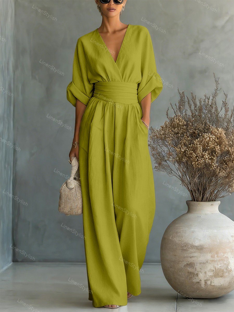 Langer Damen-Jumpsuit mit V-Ausschnitt in Wickeloptik