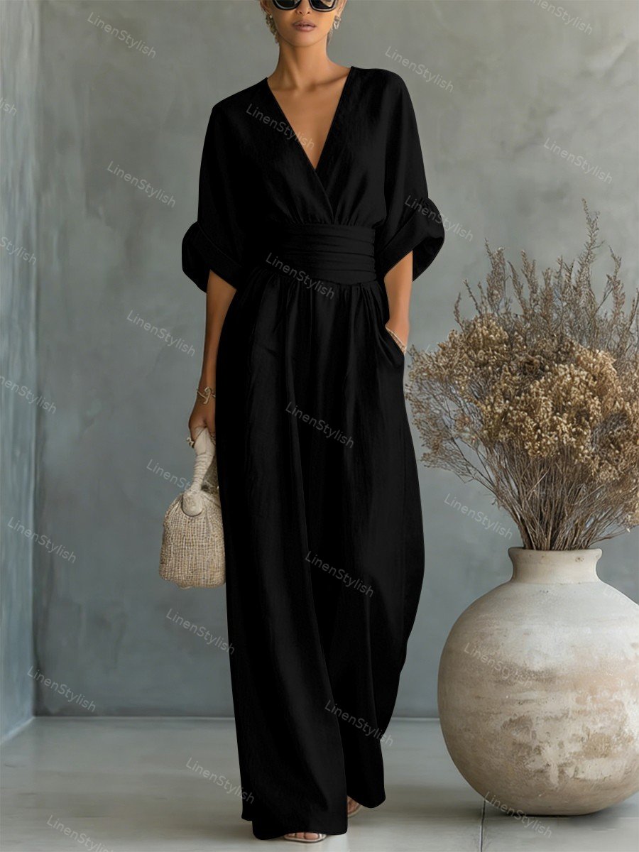 Langer Damen-Jumpsuit mit V-Ausschnitt in Wickeloptik