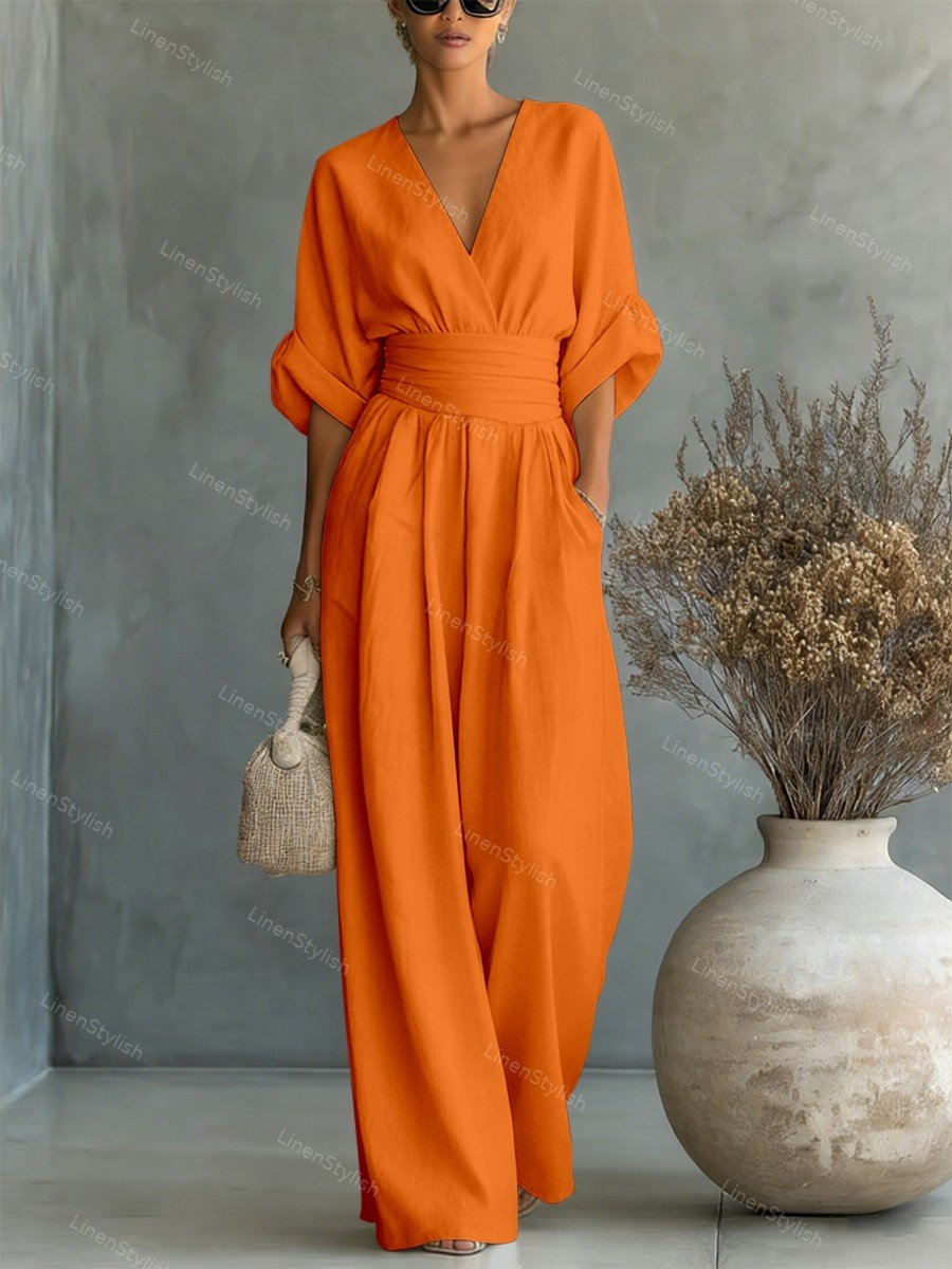 Langer Damen-Jumpsuit mit V-Ausschnitt in Wickeloptik