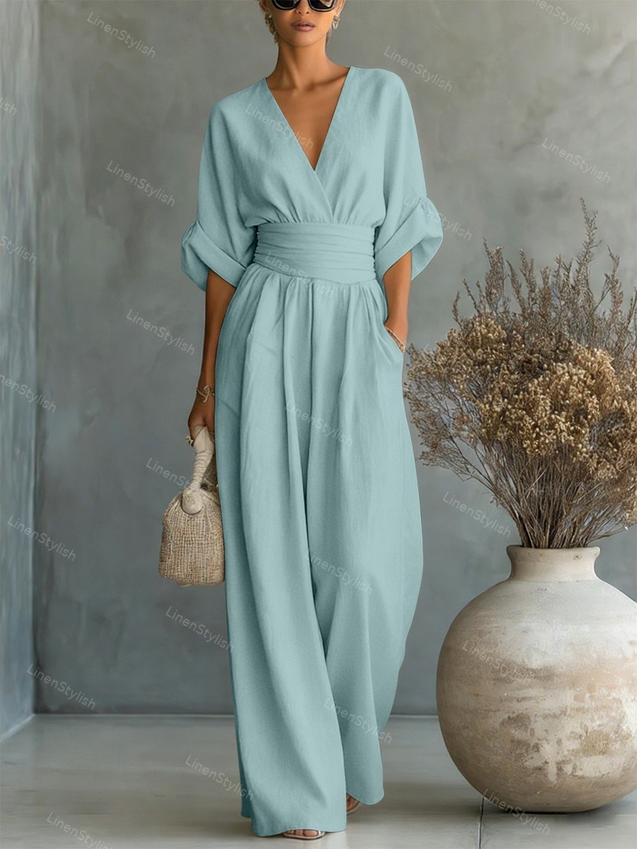 Langer Damen-Jumpsuit mit V-Ausschnitt in Wickeloptik