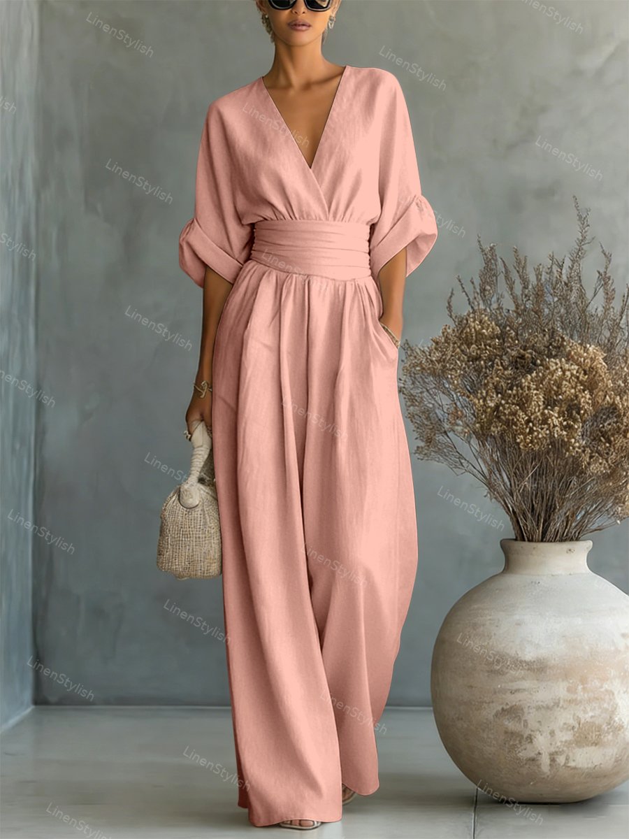 Langer Damen-Jumpsuit mit V-Ausschnitt in Wickeloptik