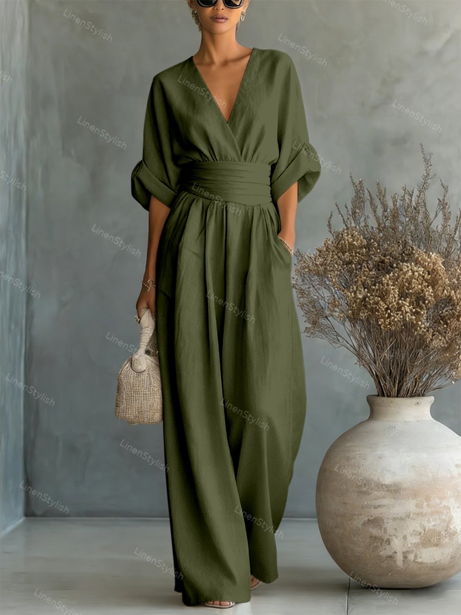 Langer Damen-Jumpsuit mit V-Ausschnitt in Wickeloptik