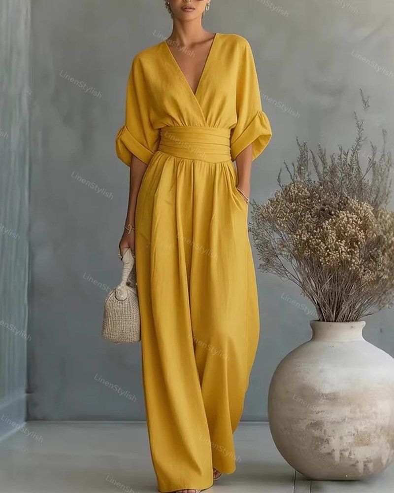 Langer Damen-Jumpsuit mit V-Ausschnitt in Wickeloptik