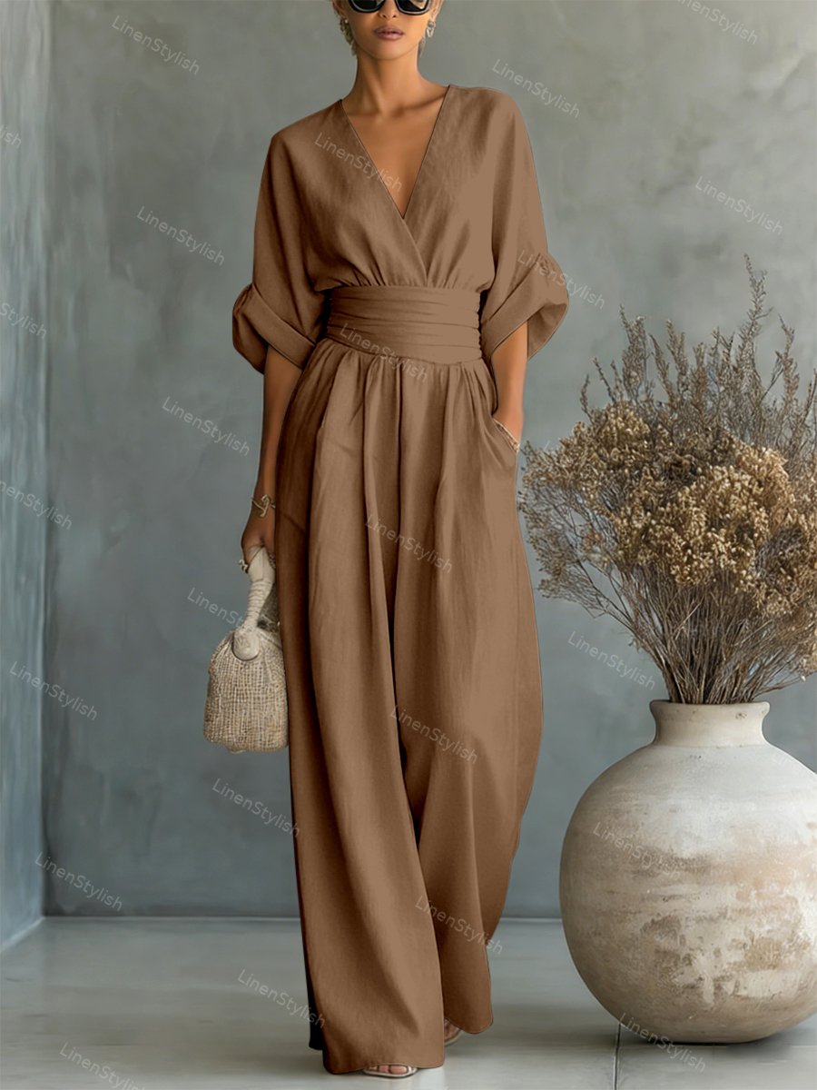 Langer Damen-Jumpsuit mit V-Ausschnitt in Wickeloptik