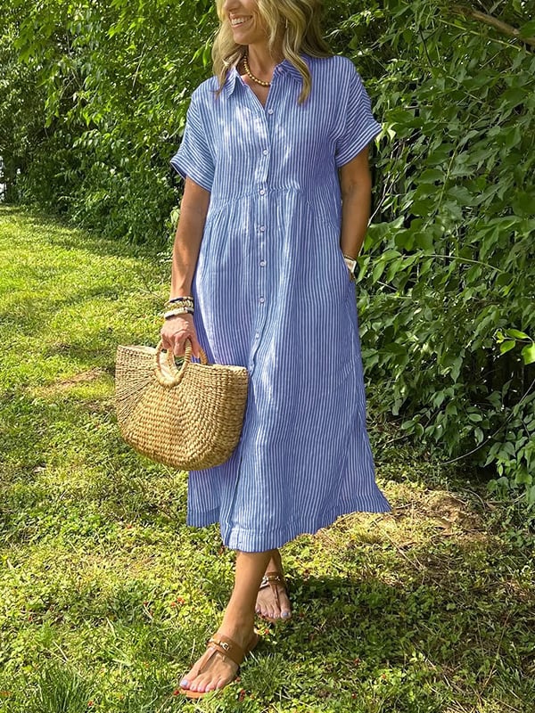 Gestreiftes Damen-Hemdblusenkleid in Midilänge