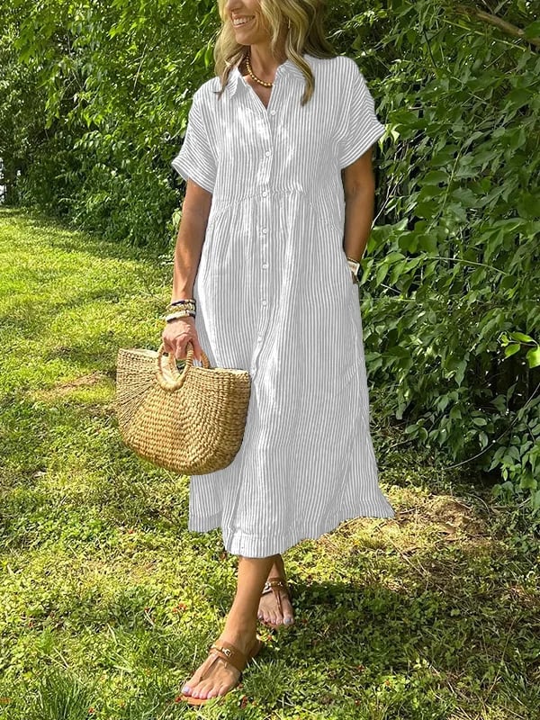 Gestreiftes Damen-Hemdblusenkleid in Midilänge