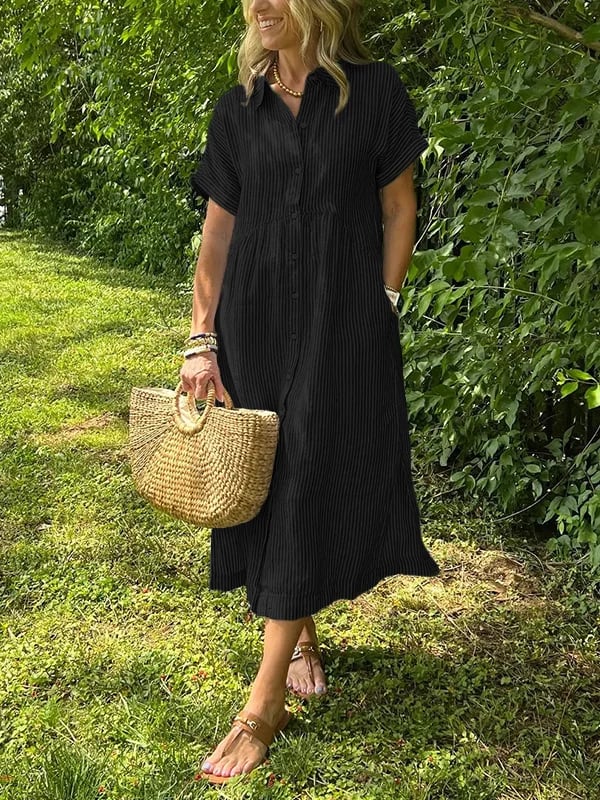 Gestreiftes Damen-Hemdblusenkleid in Midilänge