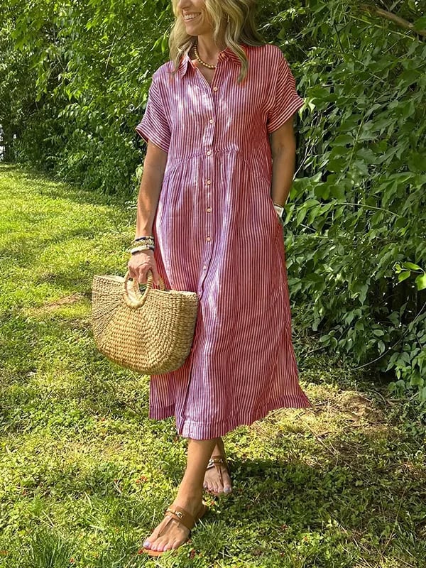Gestreiftes Damen-Hemdblusenkleid in Midilänge