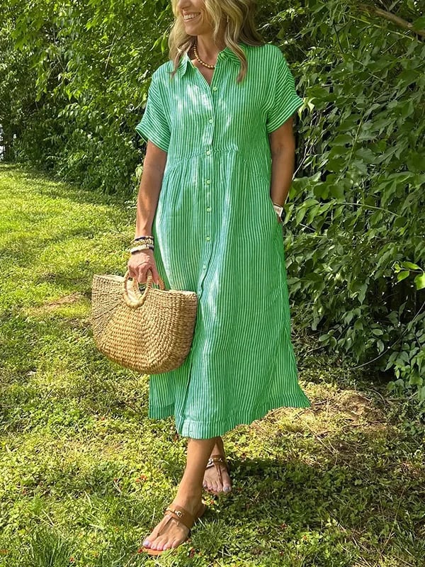 Gestreiftes Damen-Hemdblusenkleid in Midilänge