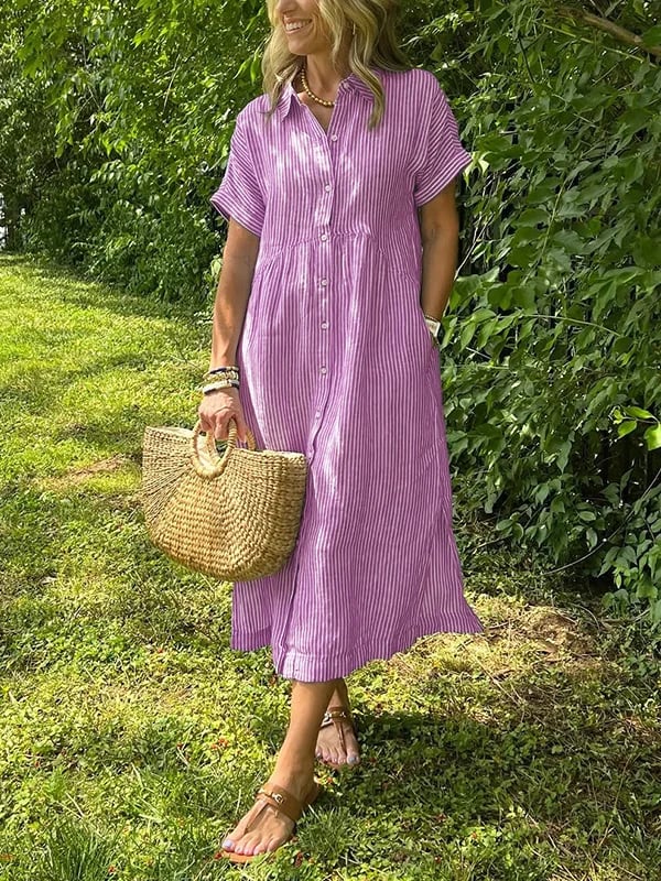 Gestreiftes Damen-Hemdblusenkleid in Midilänge