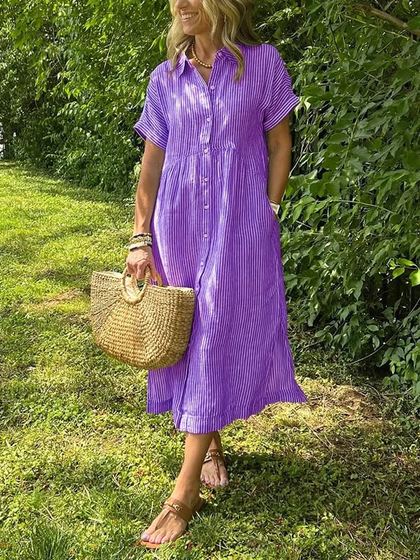 Gestreiftes Damen-Hemdblusenkleid in Midilänge