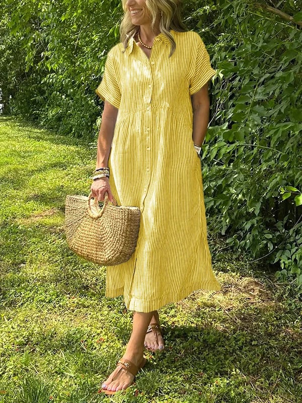 Gestreiftes Damen-Hemdblusenkleid in Midilänge
