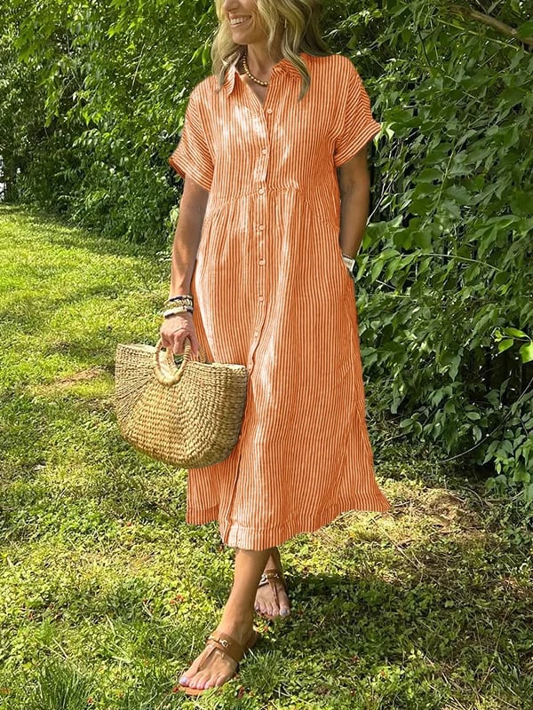 Gestreiftes Damen-Hemdblusenkleid in Midilänge