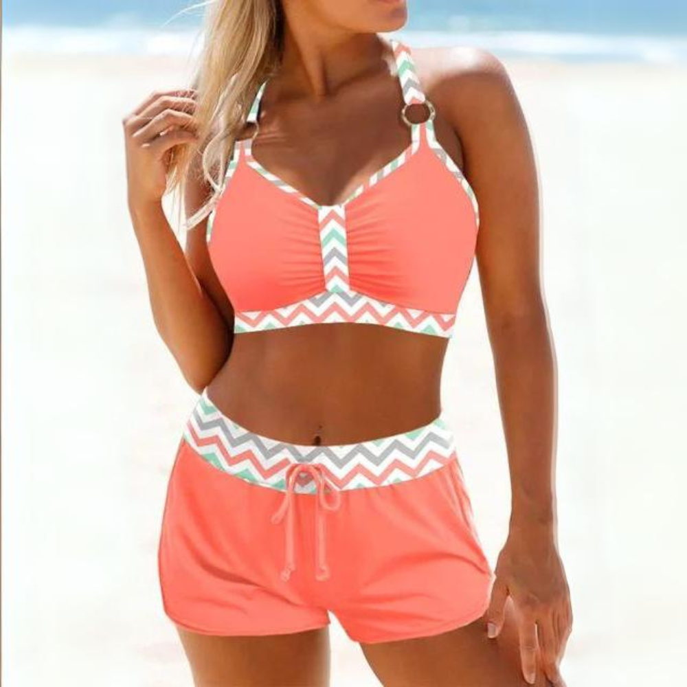 Gestreiftes Damen-Badeanzug-Set im Marine-Stil mit Shorts