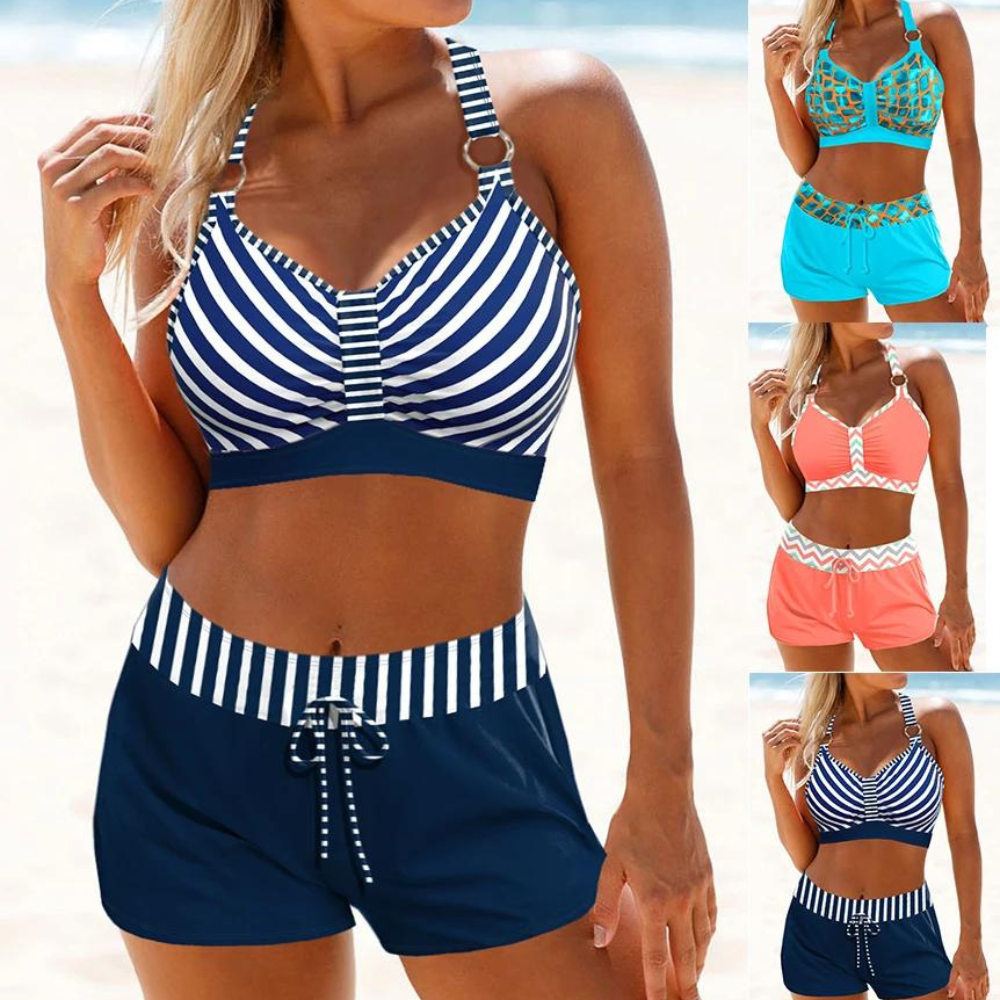 Gestreiftes Damen-Badeanzug-Set im Marine-Stil mit Shorts