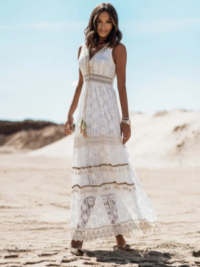 Damen-Maxikleid mit Spitze und V-Ausschnitt
