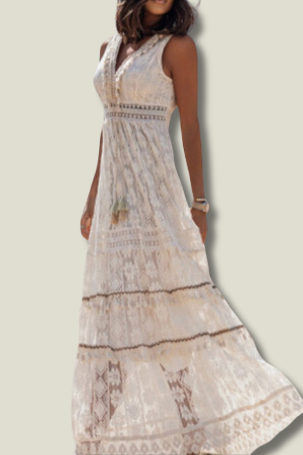 Damen-Maxikleid mit Spitze und V-Ausschnitt