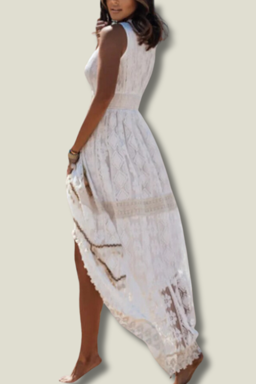 Damen-Maxikleid mit Spitze und V-Ausschnitt