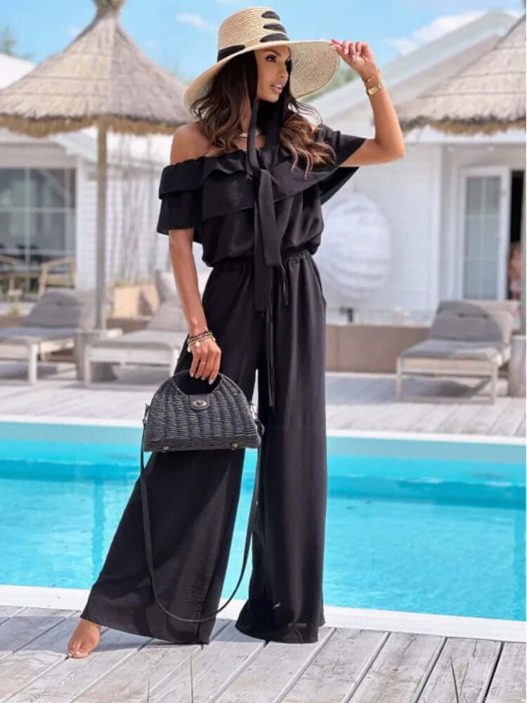 Schulterfreier Jumpsuit für Damen mit weitem Bein