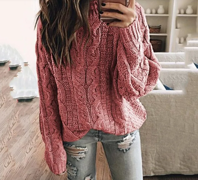 Damen schulterfreier Strickpullover mit Zopfmuster