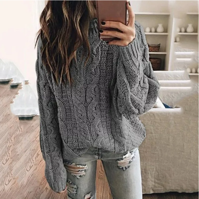 Damen schulterfreier Strickpullover mit Zopfmuster