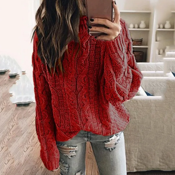 Damen schulterfreier Strickpullover mit Zopfmuster