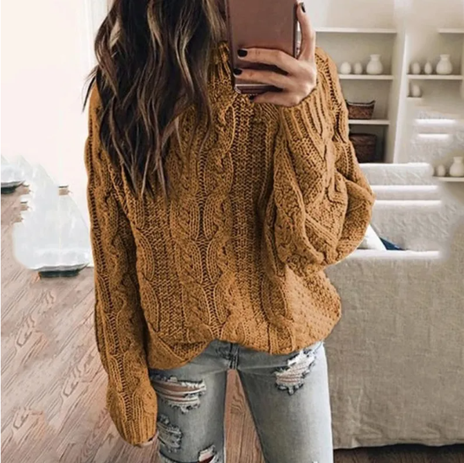 Damen schulterfreier Strickpullover mit Zopfmuster