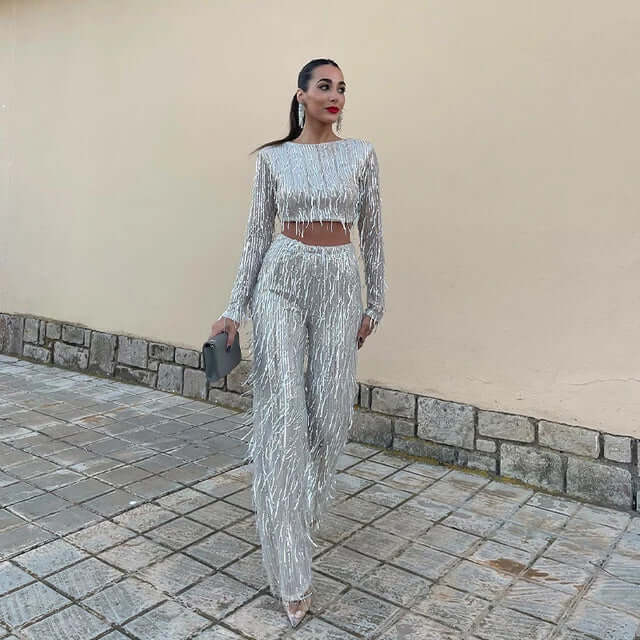 Damen-Set mit Pailletten-Crop-Top und Hose