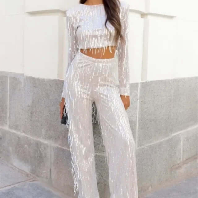 Damen-Set mit Pailletten-Crop-Top und Hose