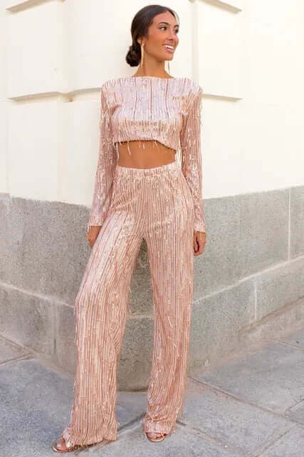 Damen-Set mit Pailletten-Crop-Top und Hose