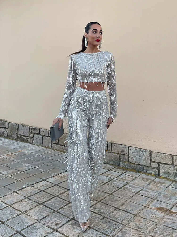 Damen-Set mit Pailletten-Crop-Top und Hose