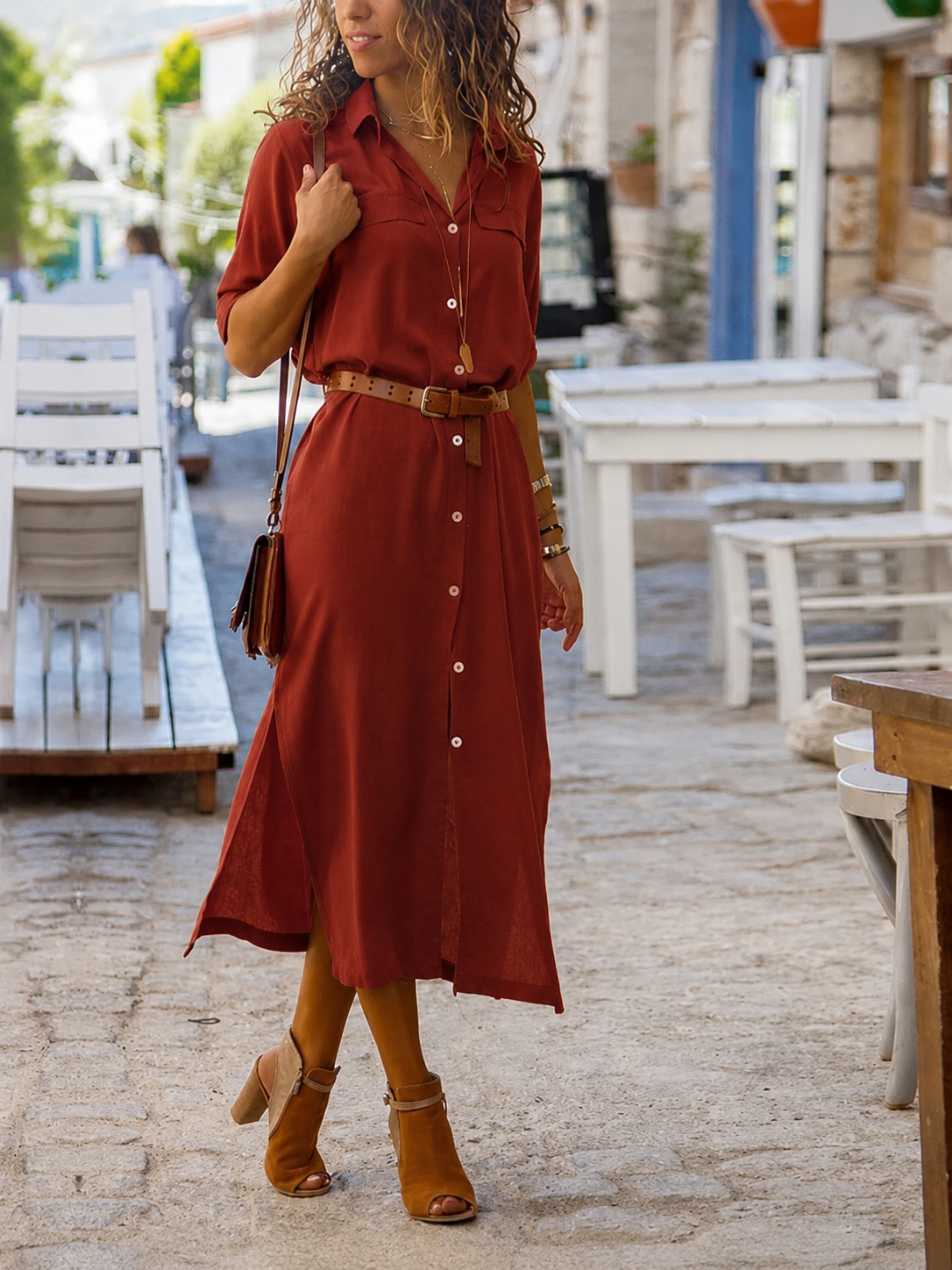 Damen-Hemdblusenkleid mit Knöpfen in Midilänge