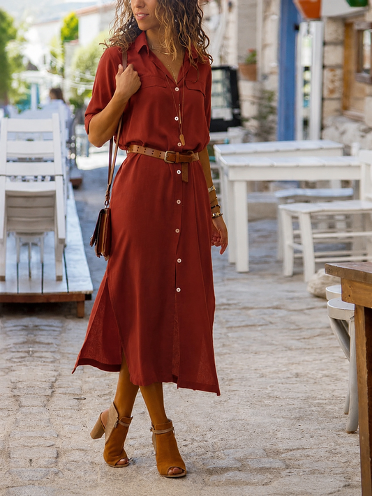 Damen-Hemdblusenkleid mit Knöpfen in Midilänge