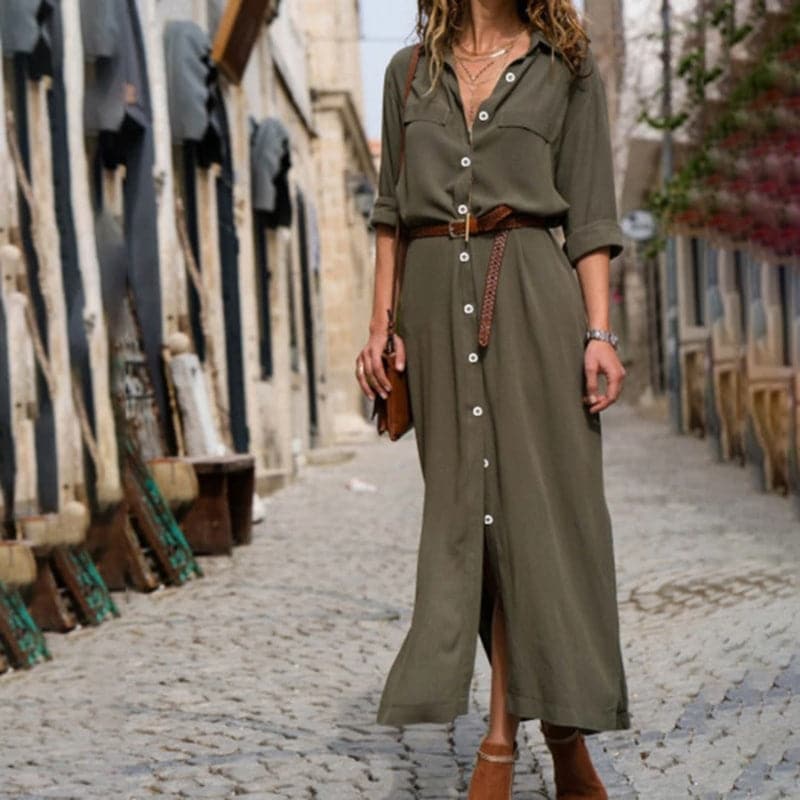 Damen-Hemdblusenkleid mit Knöpfen in Midilänge