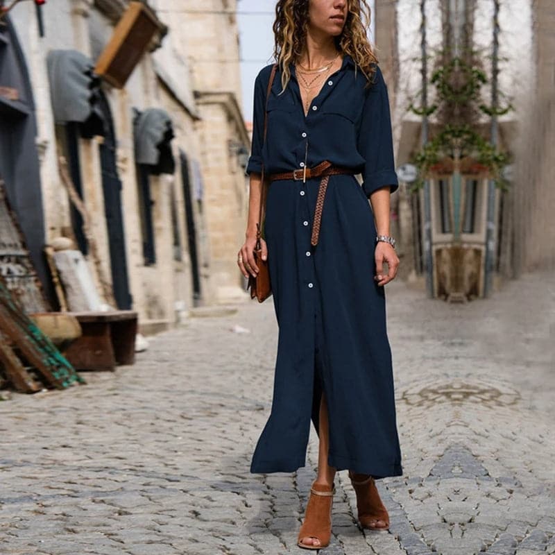 Damen-Hemdblusenkleid mit Knöpfen in Midilänge