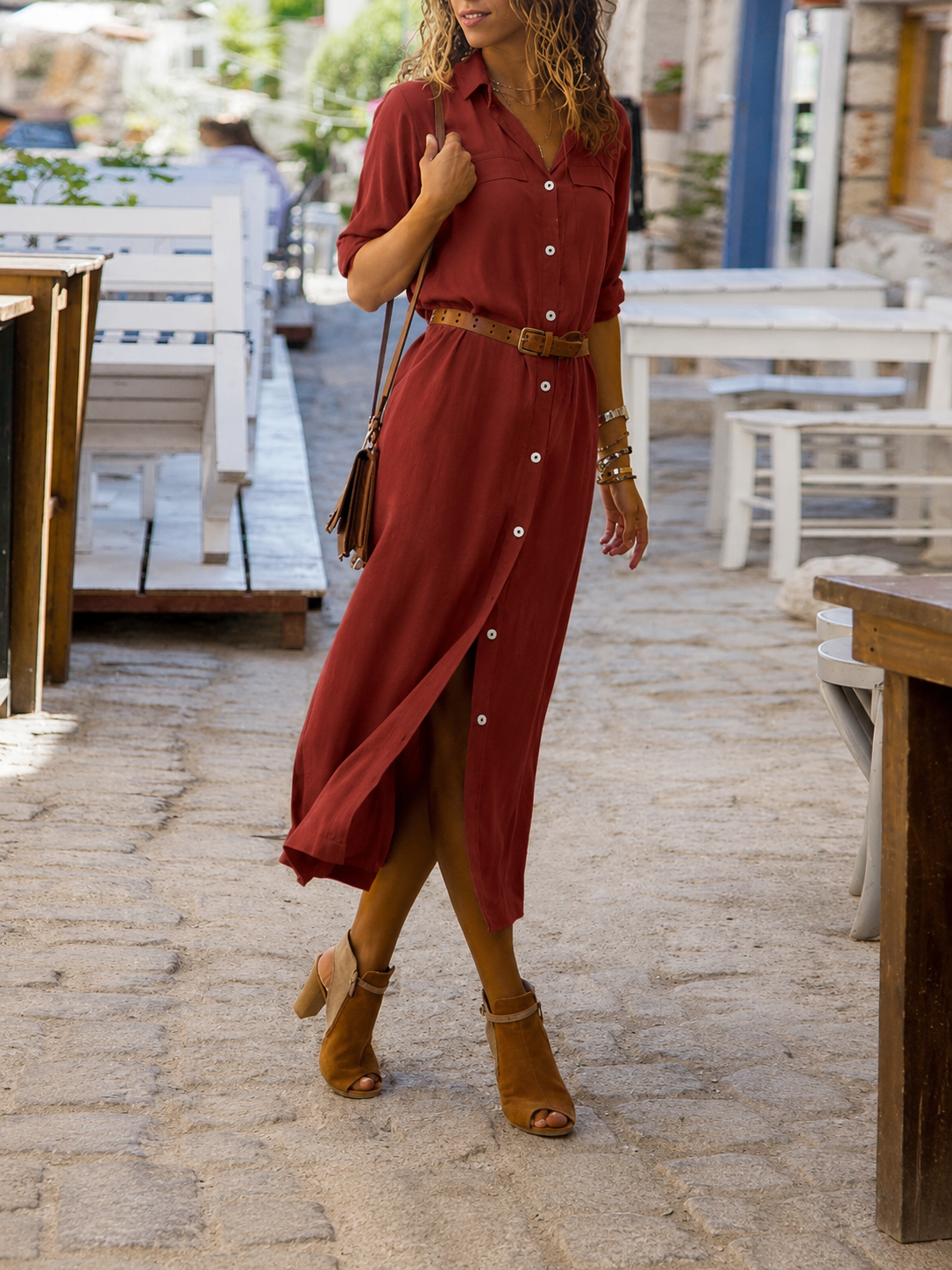 Damen-Hemdblusenkleid mit Knöpfen in Midilänge