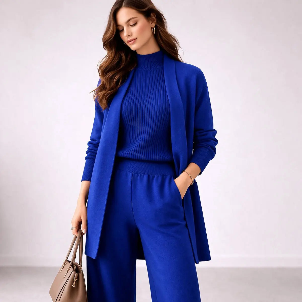 Dreiteiliges Damen-Strick-Homewear-Set mit Cardigan