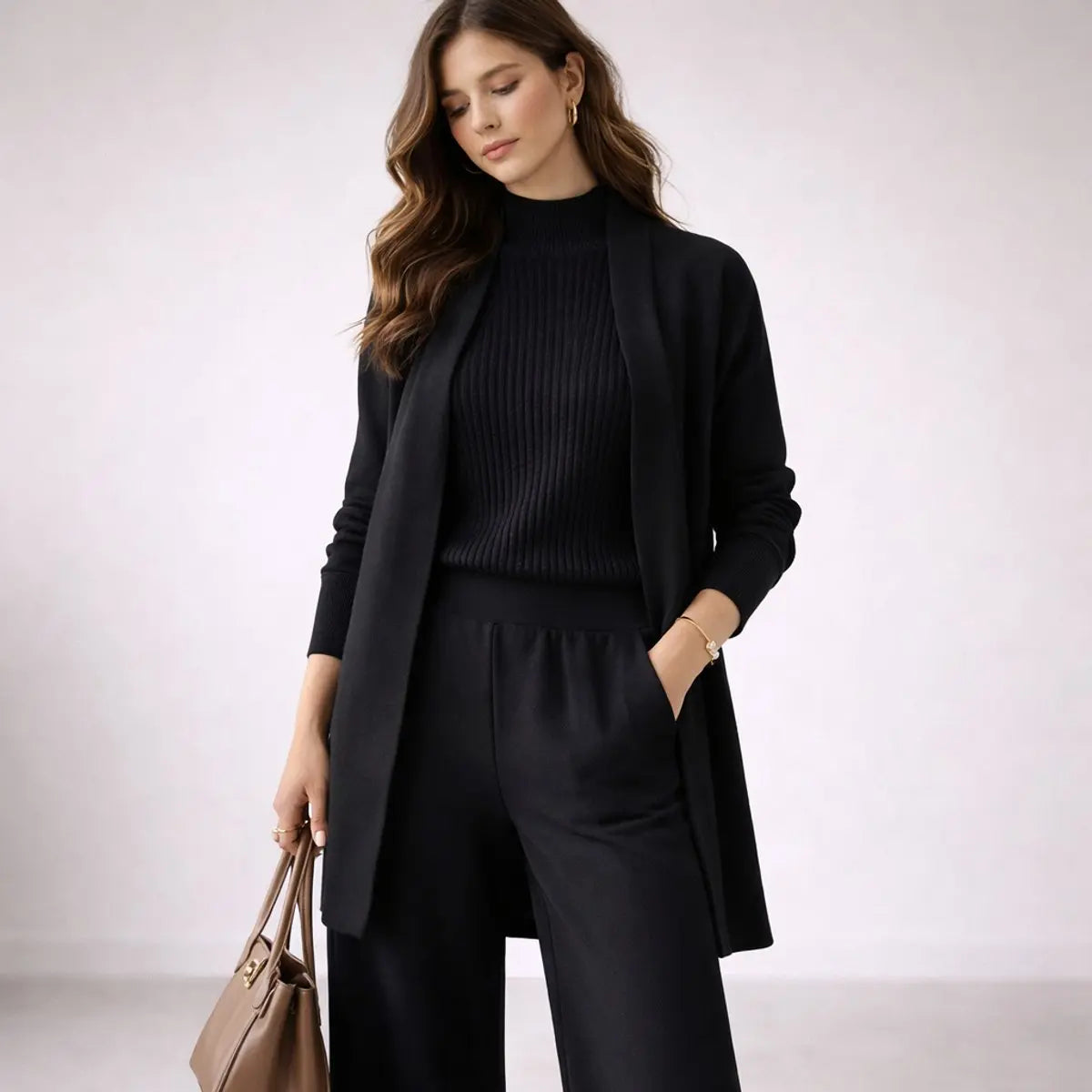 Dreiteiliges Damen-Strick-Homewear-Set mit Cardigan