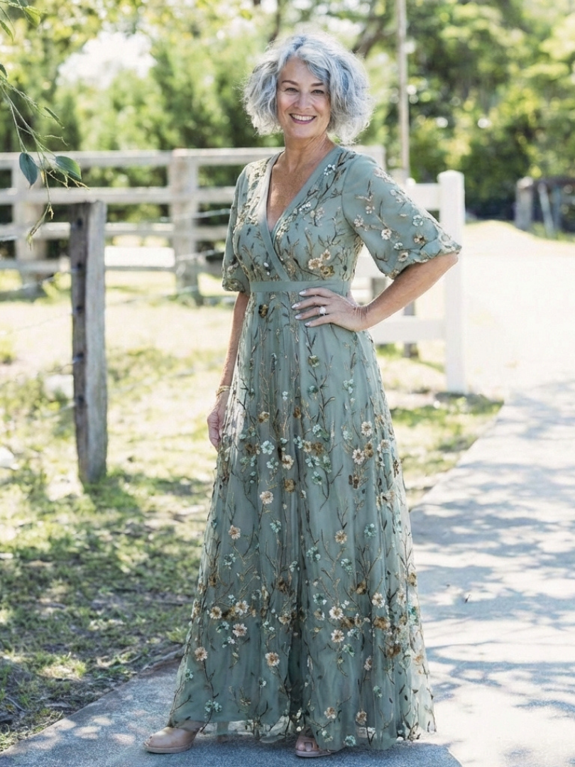 Besticktes Wickel-Maxikleid für Damen