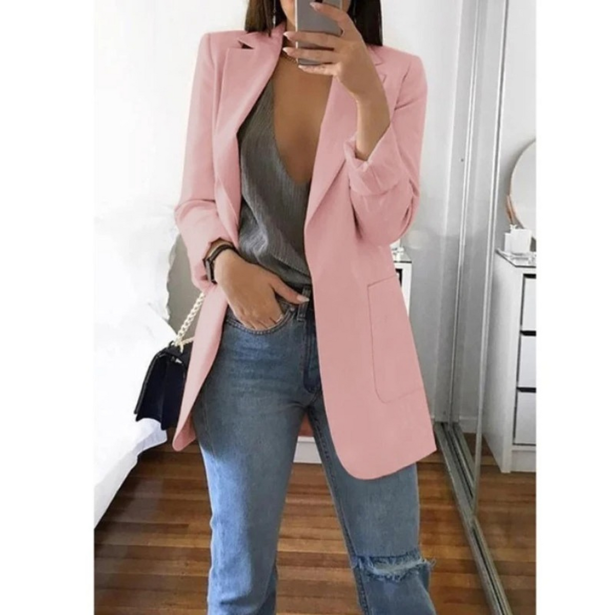 Damen-Blazer mit langen Ärmeln und Revers