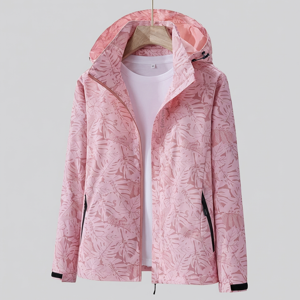 Wasserdichte Damenjacke mit Kapuze und Blattmuster