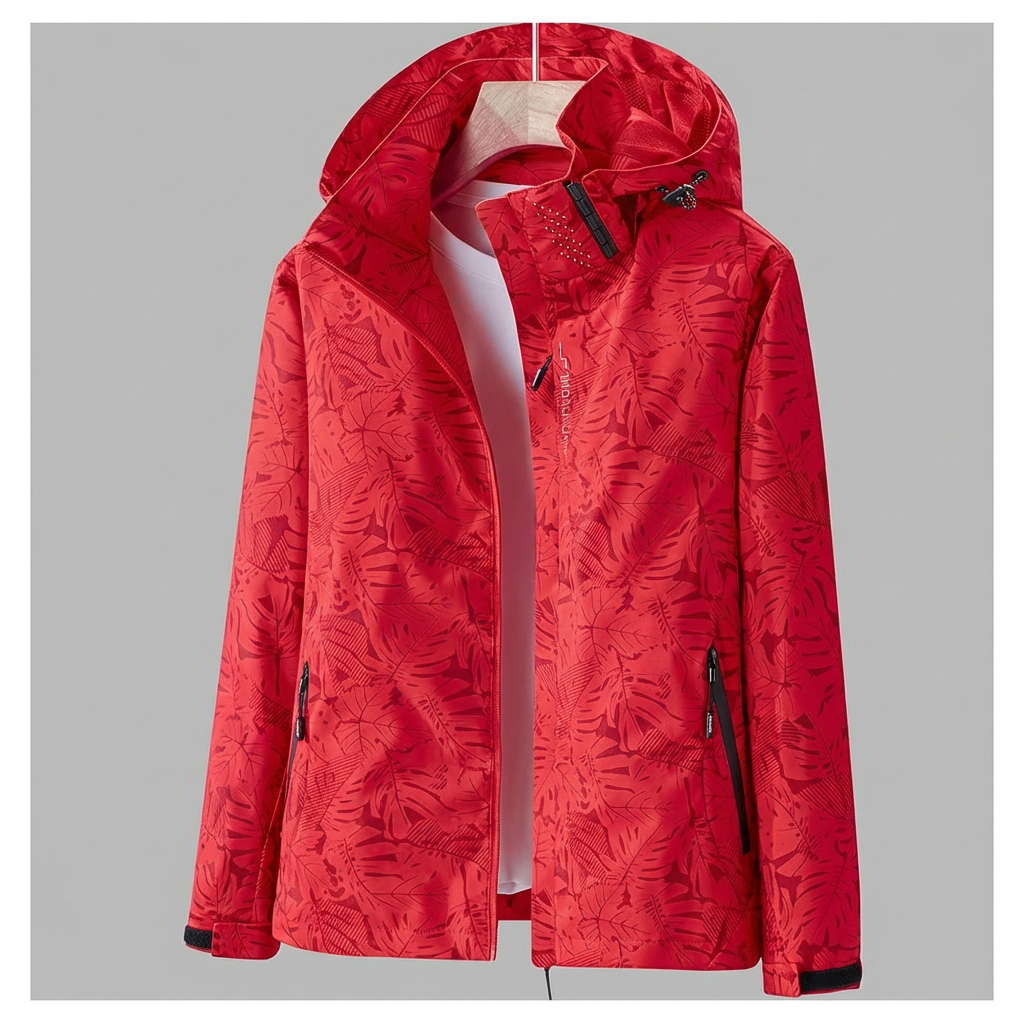 Wasserdichte Damenjacke mit Kapuze und Blattmuster