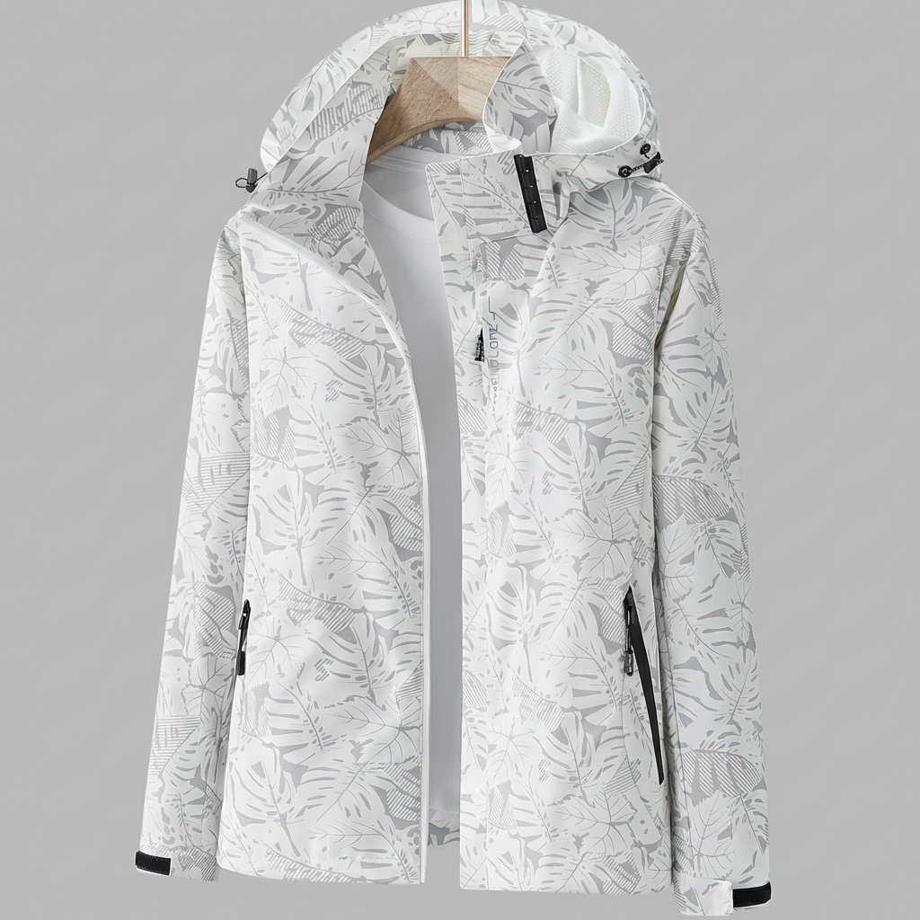 Wasserdichte Damenjacke mit Kapuze und Blattmuster