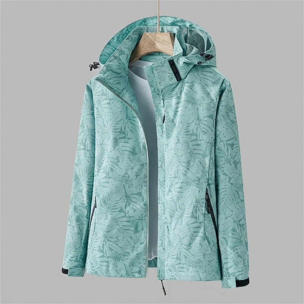 Wasserdichte Damenjacke mit Kapuze und Blattmuster