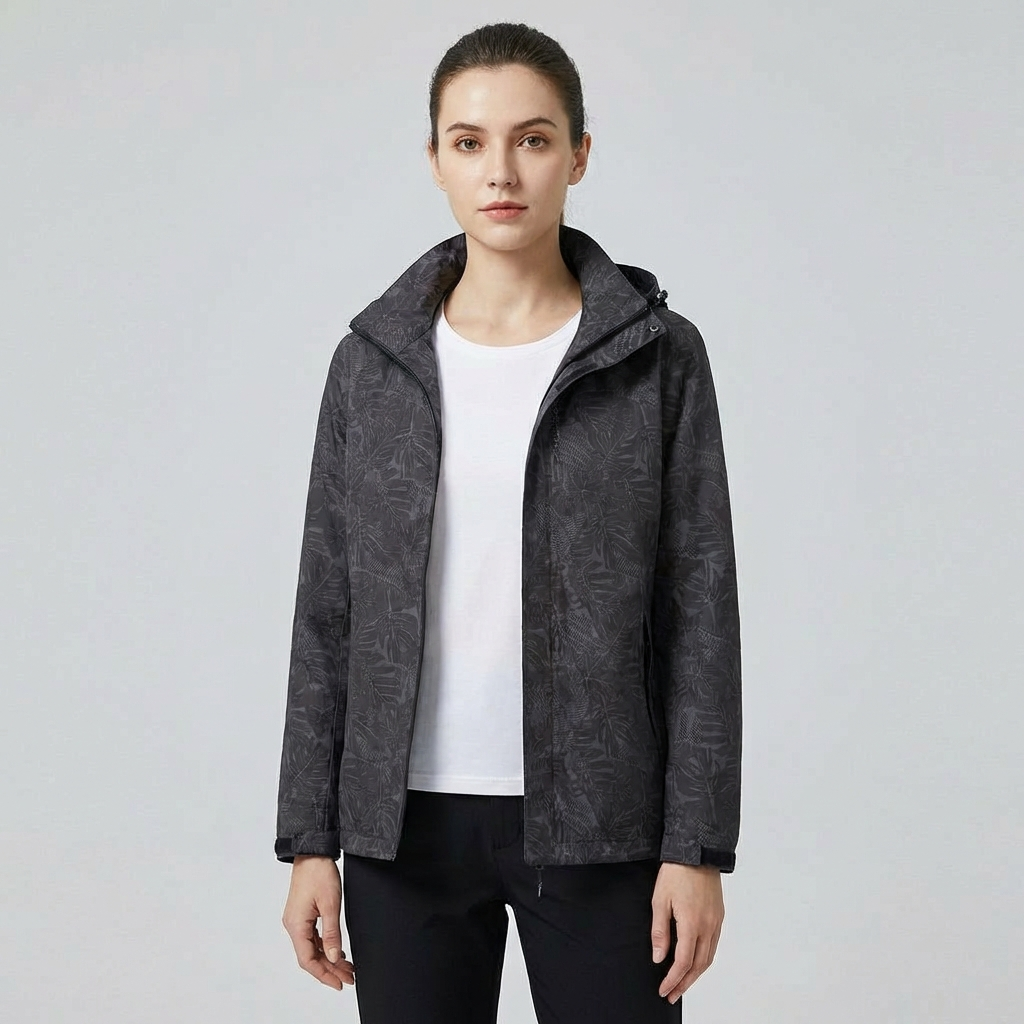 Wasserdichte Damenjacke mit Kapuze und Blattmuster