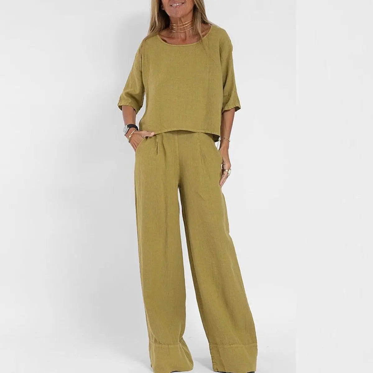 Damen zweiteiliges Leinen-Set mit locker geschnittener Bluse und Hose mit weitem Bein