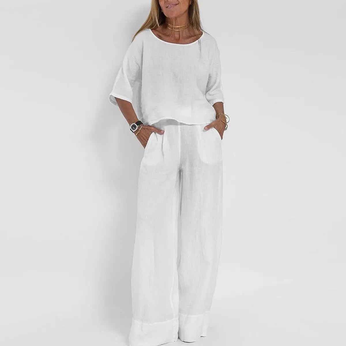 Damen zweiteiliges Leinen-Set mit locker geschnittener Bluse und Hose mit weitem Bein