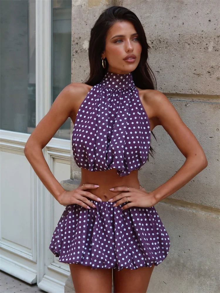 Damen Zweiteiler mit Neckholder-Top und Ballon-Minijupe | Rückenfreier Stil