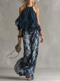 Zweiteiliges Damen-Set mit Neckholder-Rüschenbluse und Hose mit weitem Bein