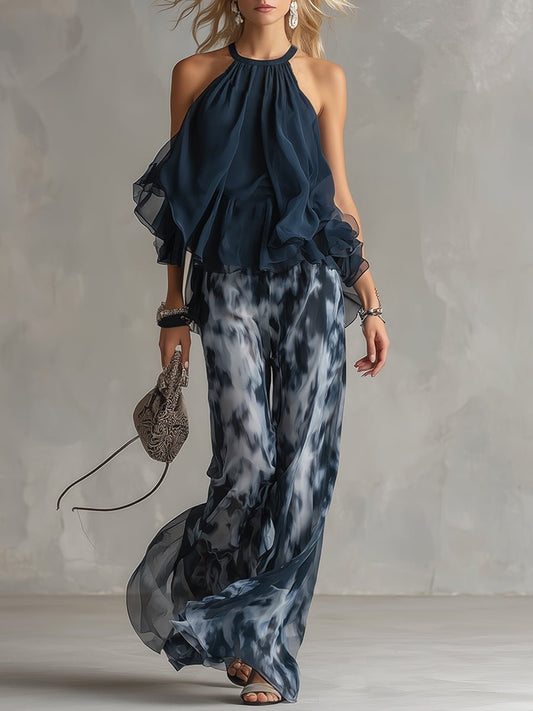 Zweiteiliges Damen-Set mit Neckholder-Rüschenbluse und Hose mit weitem Bein